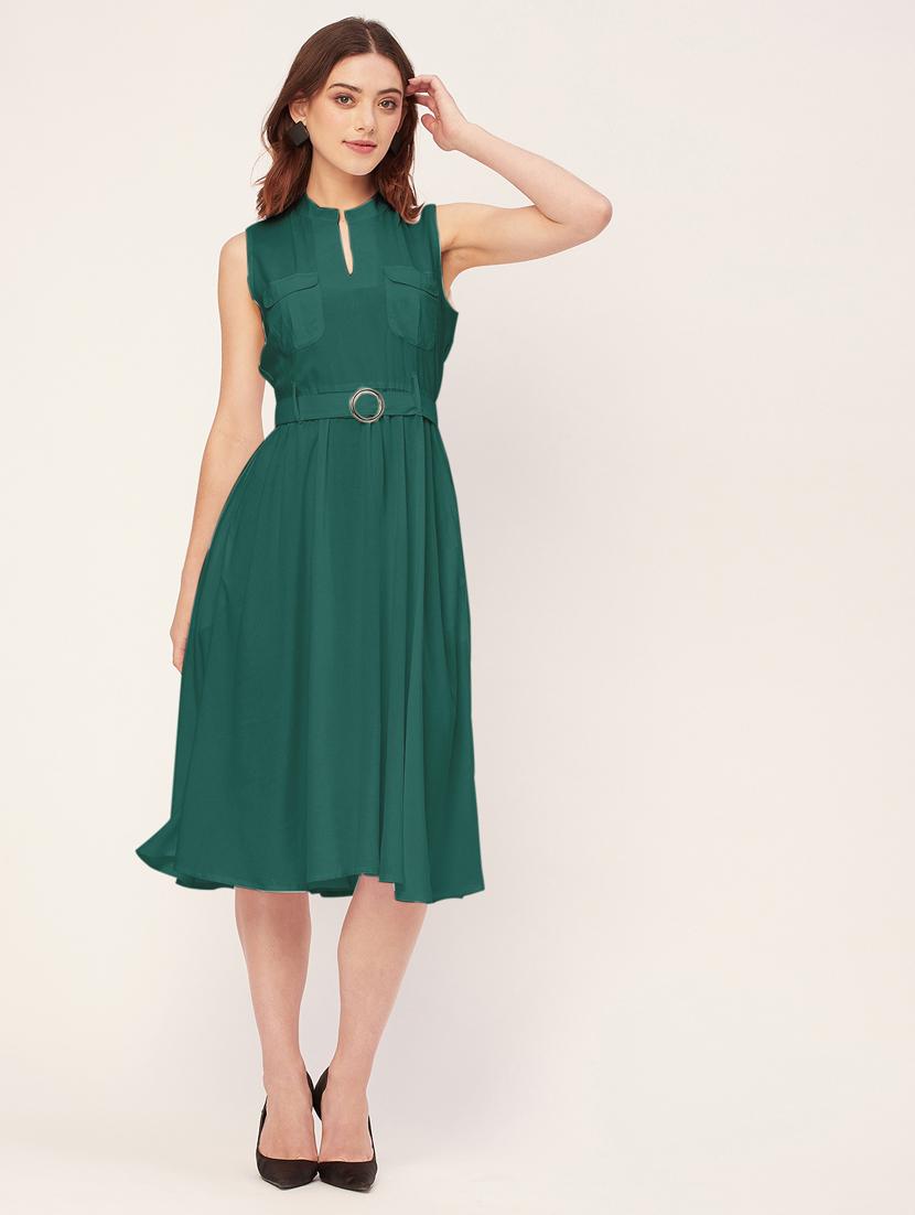 women solid mandarin neck belted dress  - 20555416 -  Zoom Image - 0