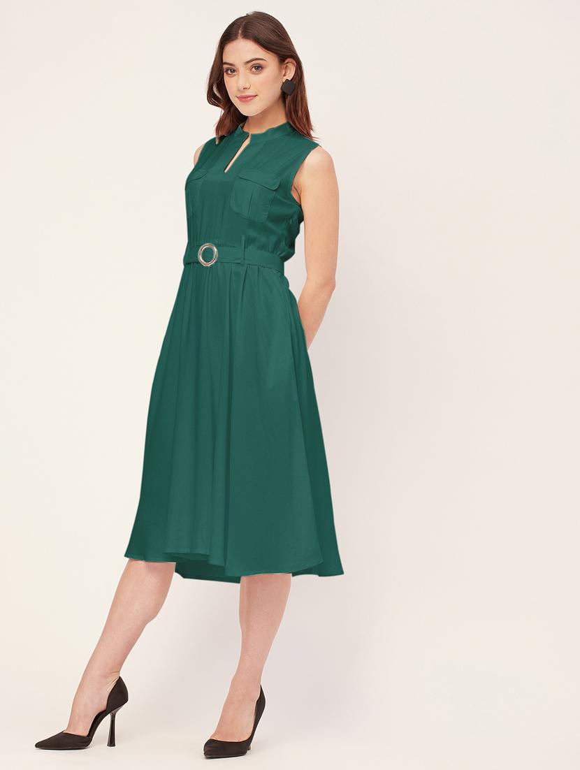 women solid mandarin neck belted dress  - 20555416 -  Standard Image - 1