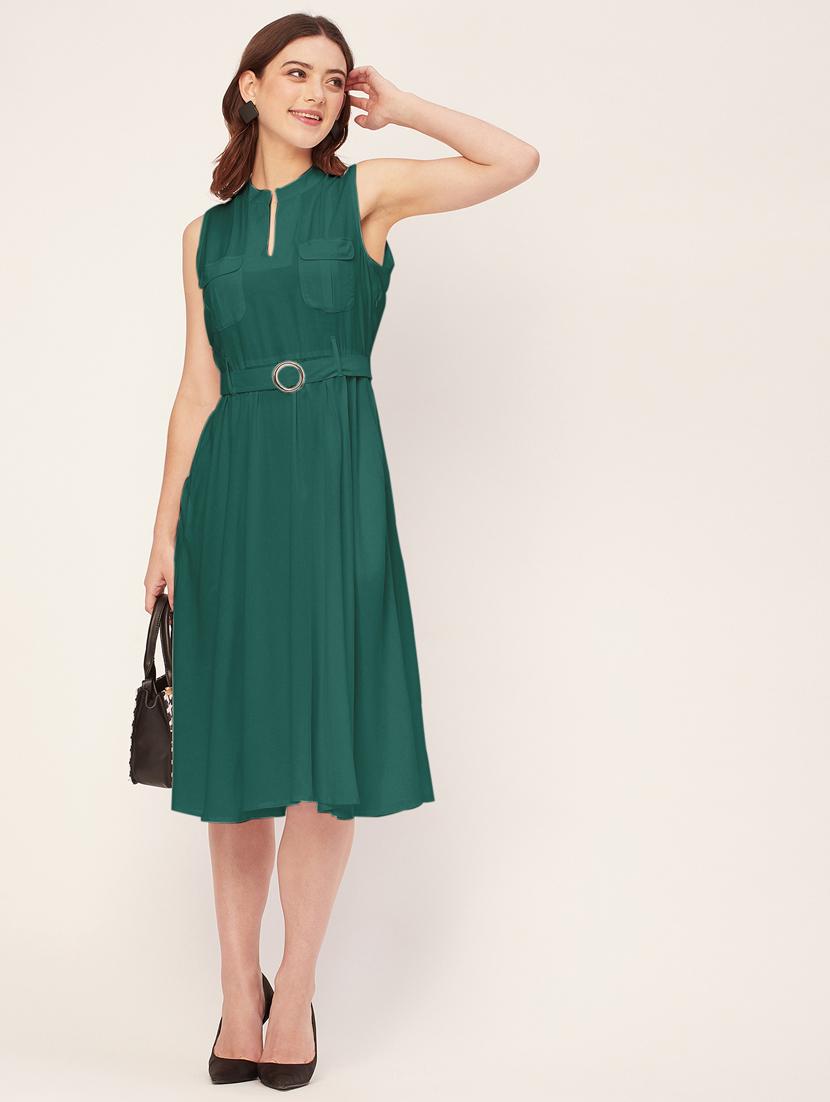 women solid mandarin neck belted dress - 20555416 - Standard Image - 4