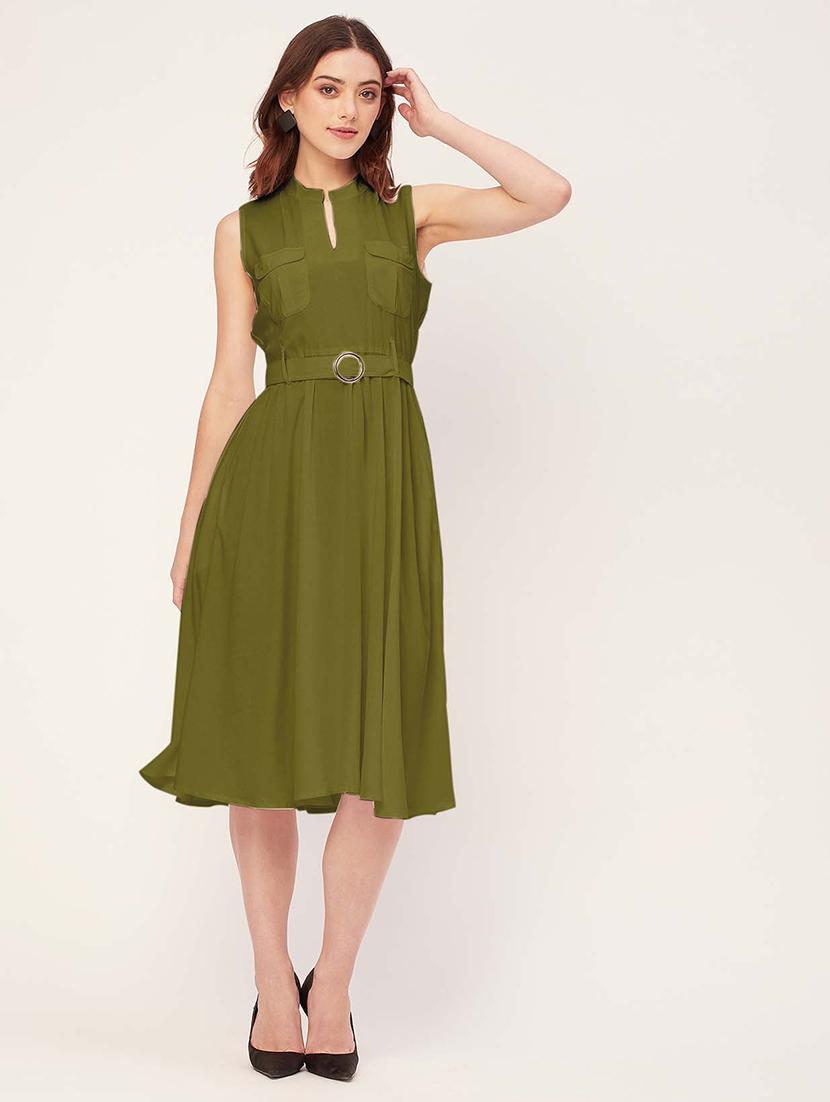 women solid mandarin neck belted dress  - 20555417 -  Zoom Image - 0