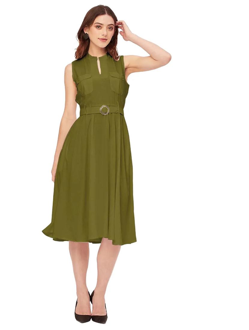 women solid mandarin neck belted dress  - 20555417 -  Standard Image - 1