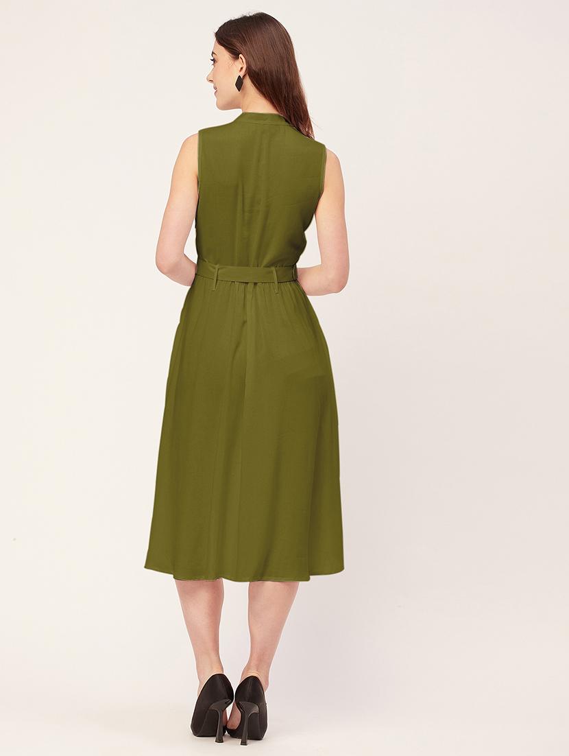 women solid mandarin neck belted dress - 20555417 - Standard Image - 4