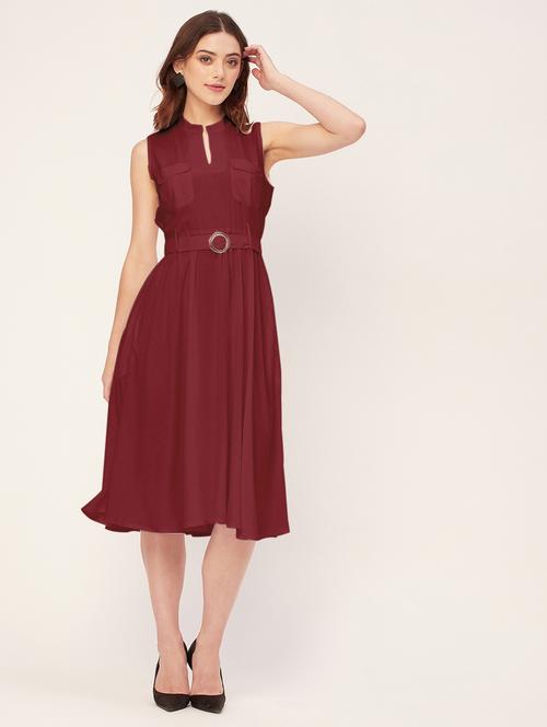 women solid mandarin neck belted dress - 20555418 - Standard Image - 0