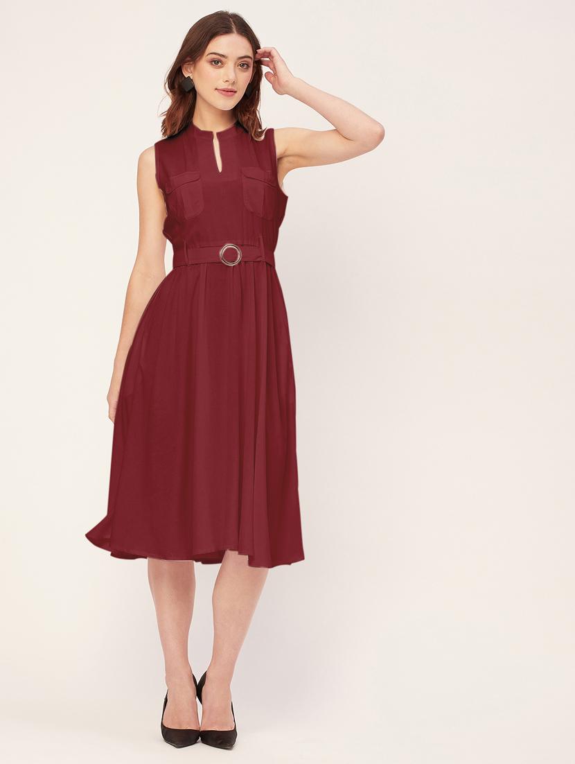 women solid mandarin neck belted dress - 20555418 - Zoom Image - 0