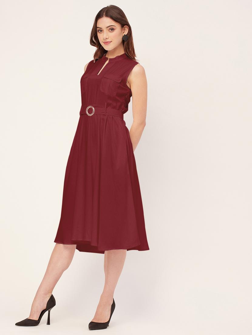women solid mandarin neck belted dress - 20555418 - Standard Image - 1