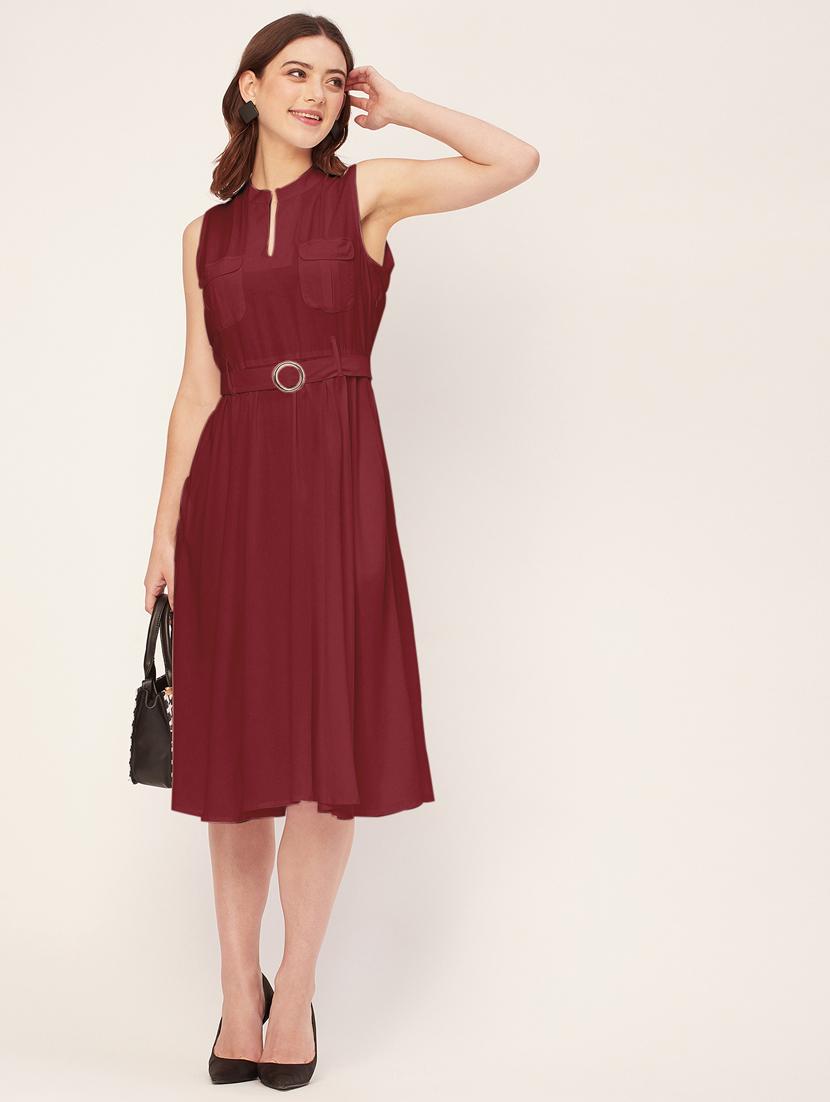 women solid mandarin neck belted dress - 20555418 - Standard Image - 4