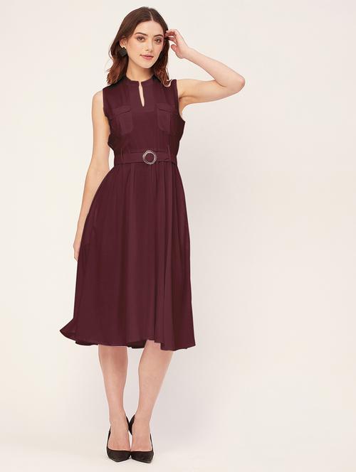 women solid mandarin neck belted dress  - 20555419 -  Standard Image - 0