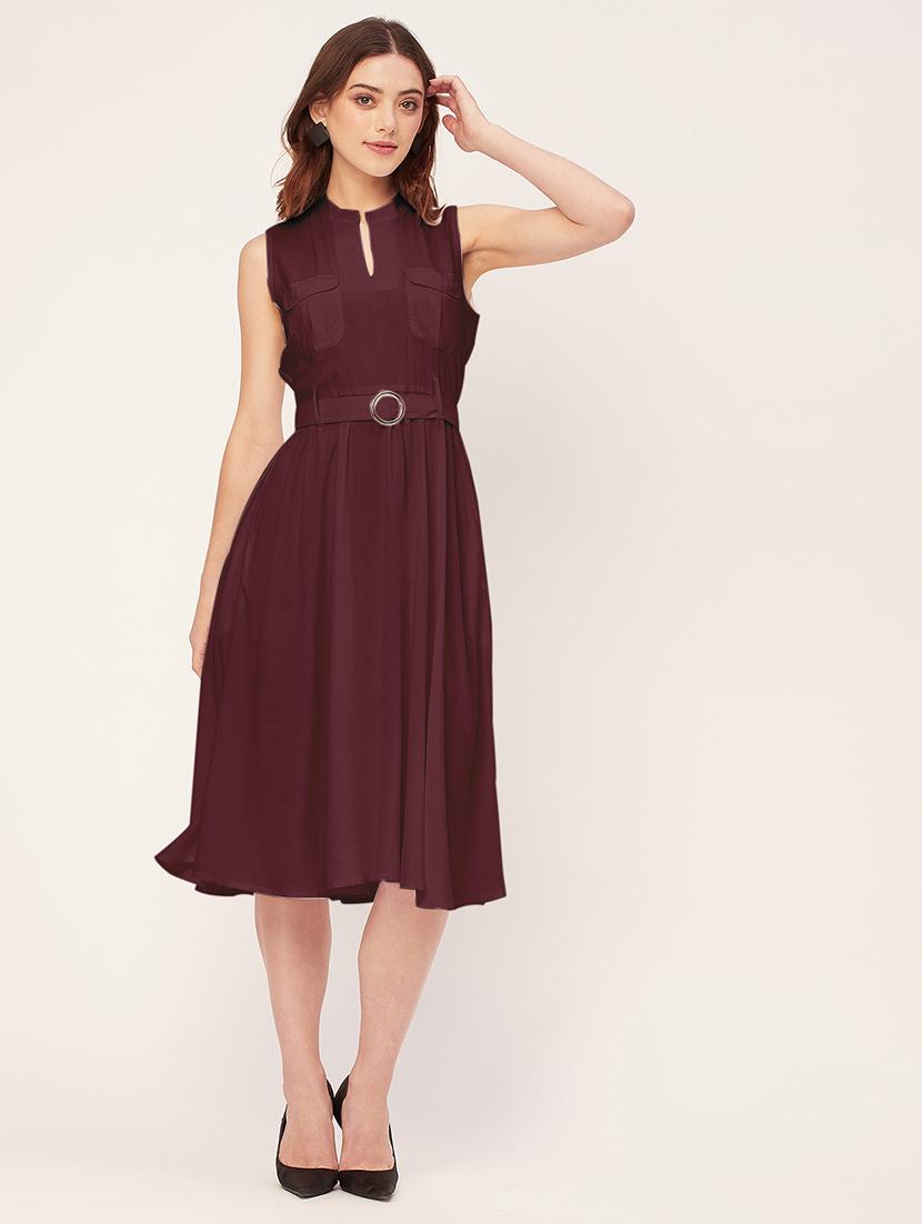 women solid mandarin neck belted dress  - 20555419 -  Zoom Image - 0