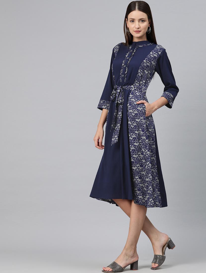 blue poly crepe aline dress - 20556366 -  Standard Image - 1
