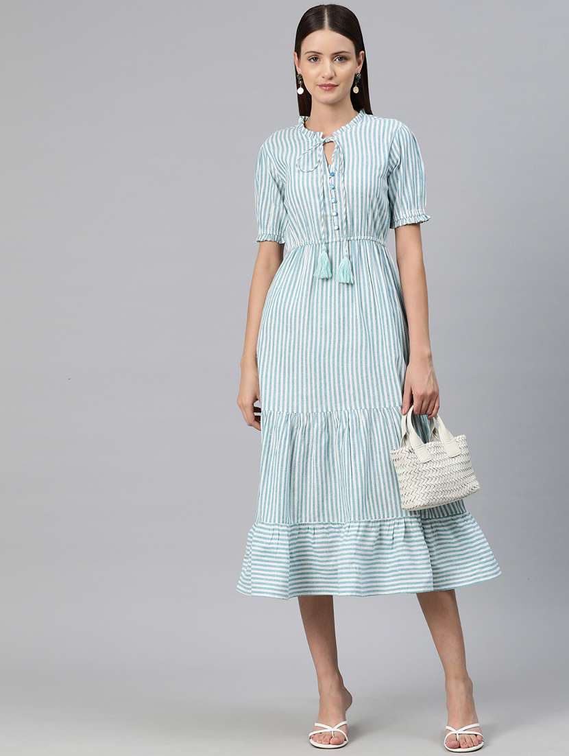 women striped puff sleeves tiered dress