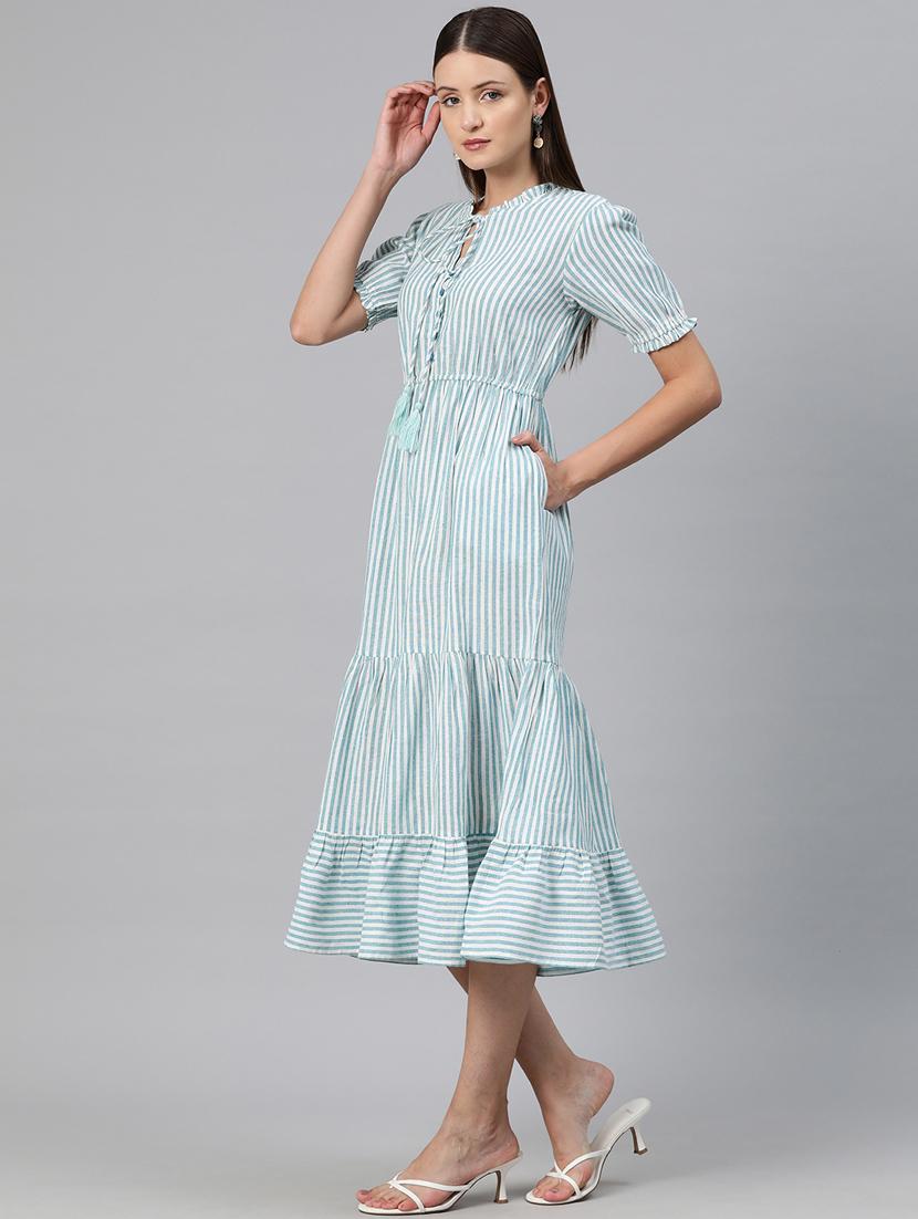 women striped puff sleeves tiered dress - 20556370 - Standard Image - 1