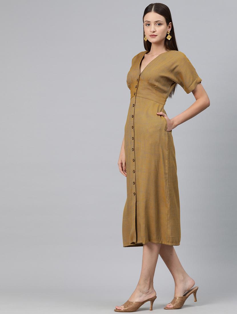 women brown solid v neck a-line dress - 20556376 -  Standard Image - 1