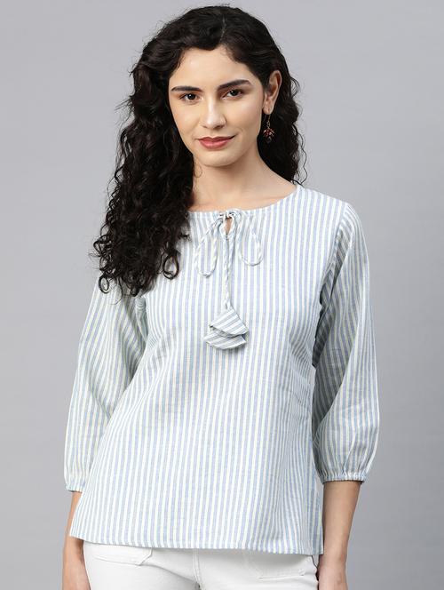 women striped tie up neck regular top - 20556394 - Standard Image - 0