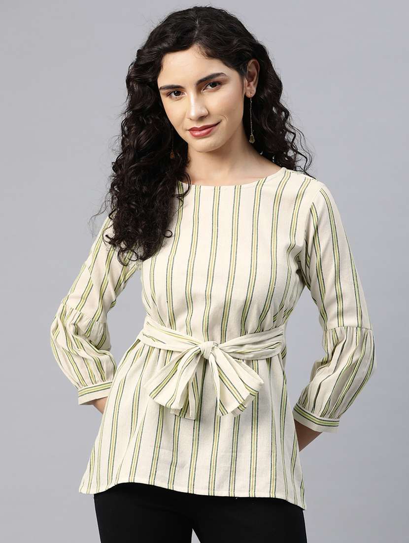 women striped top with tie up