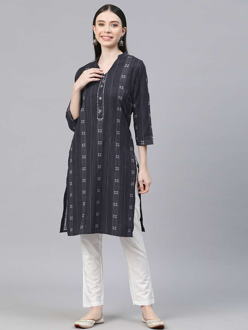 women navy blue self design straight kurta - 20556445 -  Standard Image - 1
