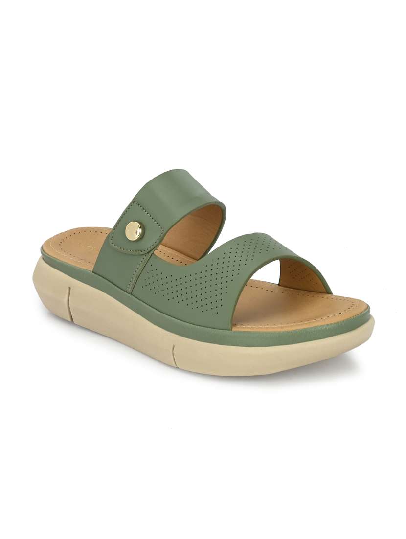 green synthetic slip on sandals