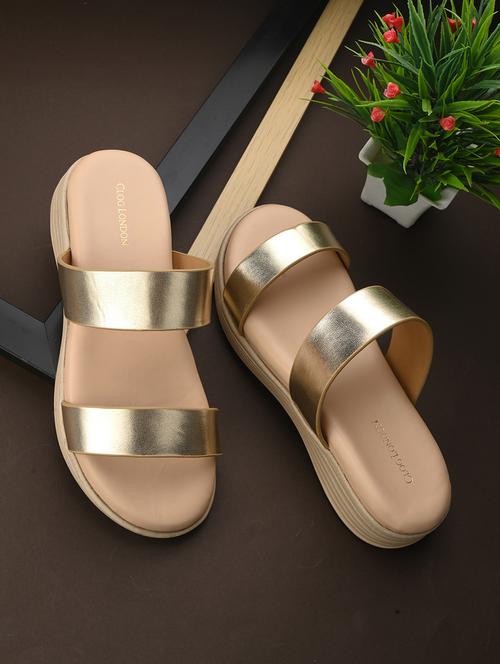 gold synthetic slip on sandals - 20560229 - Standard Image - 0