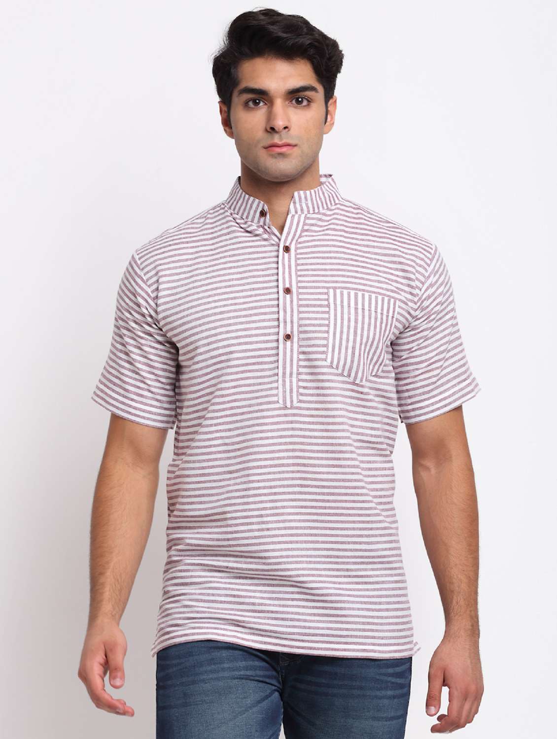 men mauve & white striped short kurta