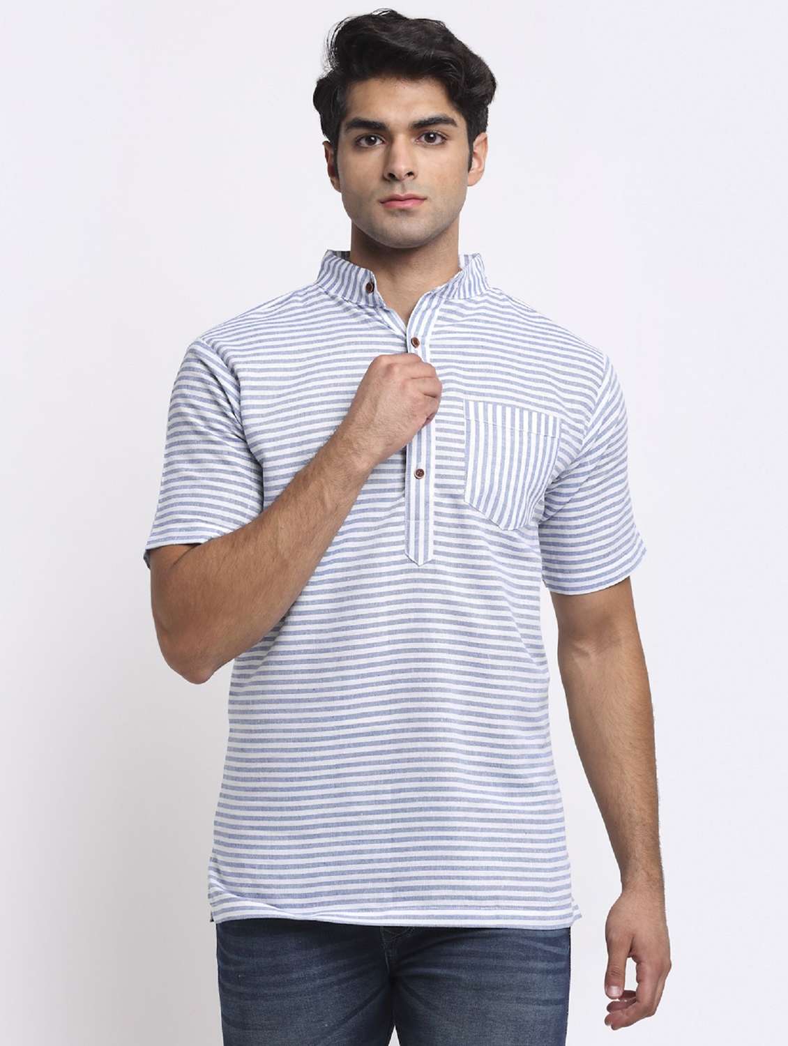 men blue & white striped short kurta