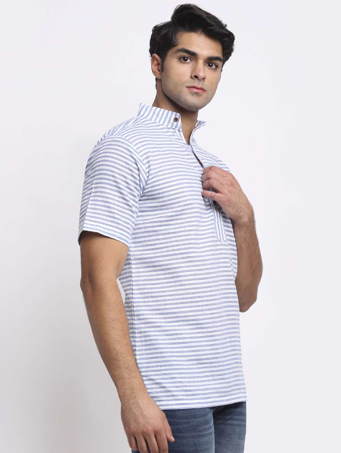 men blue & white striped short kurta - 20560877 -  Standard Image - 1