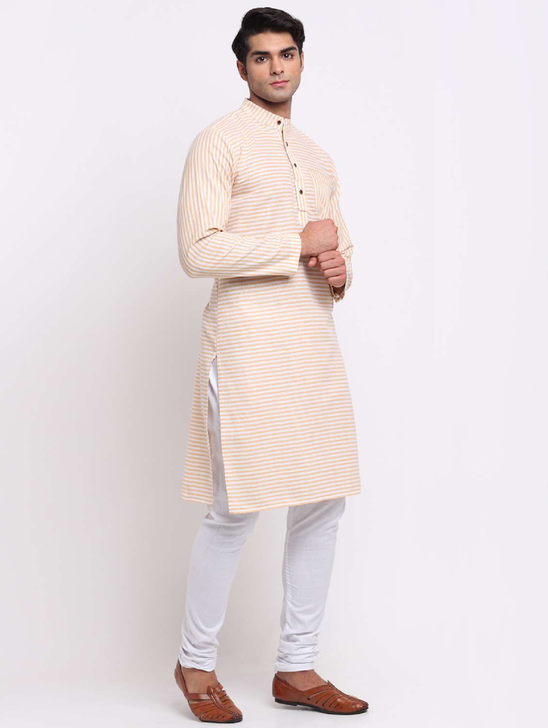 men yellow & white striped long kurta - 20560878 -  Standard Image - 1