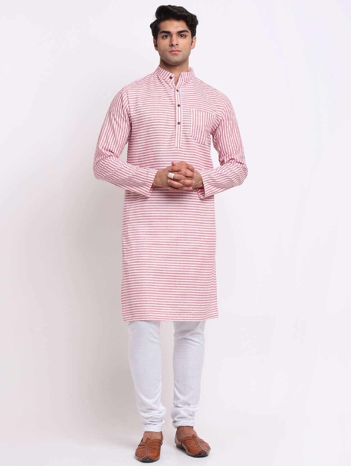 men red & white striped long kurta