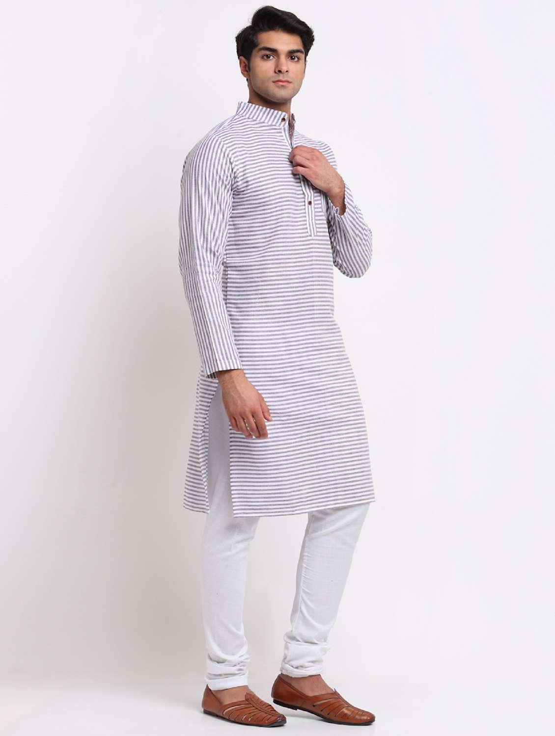 men purple & white striped long kurta - 20560882 -  Standard Image - 1