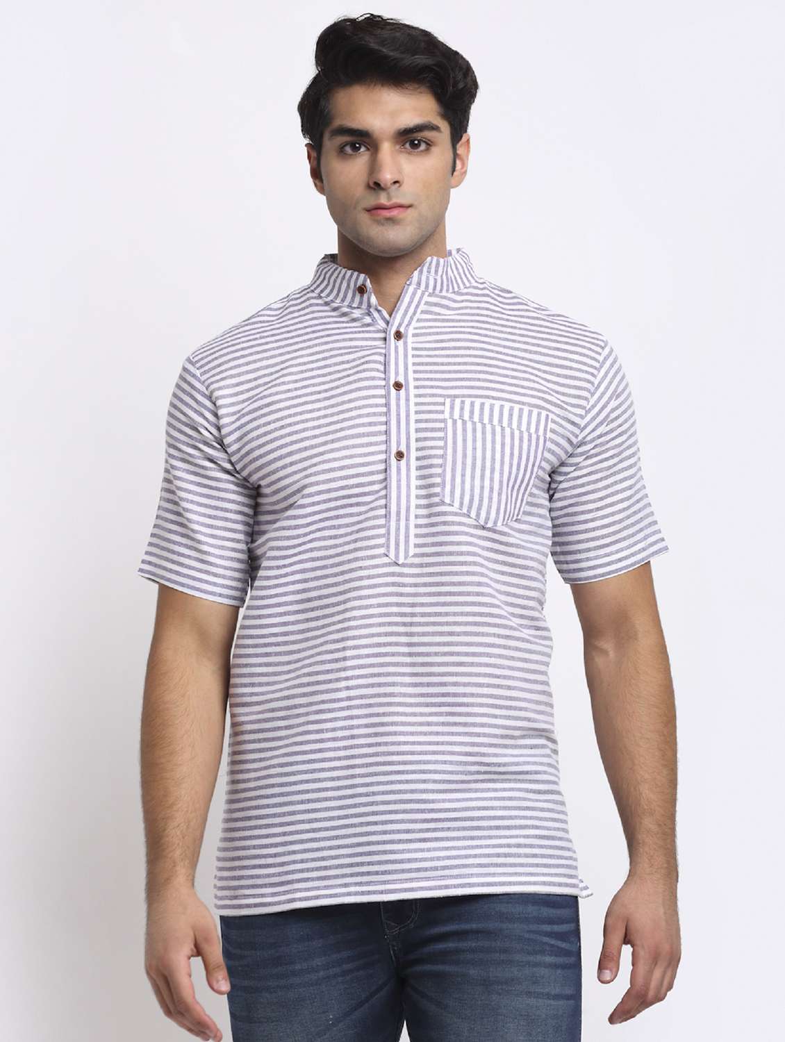 men purple & white striped short kurta