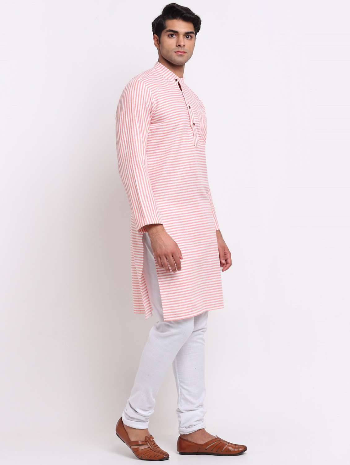 men peach & white striped long kurta - 20560884 -  Standard Image - 1