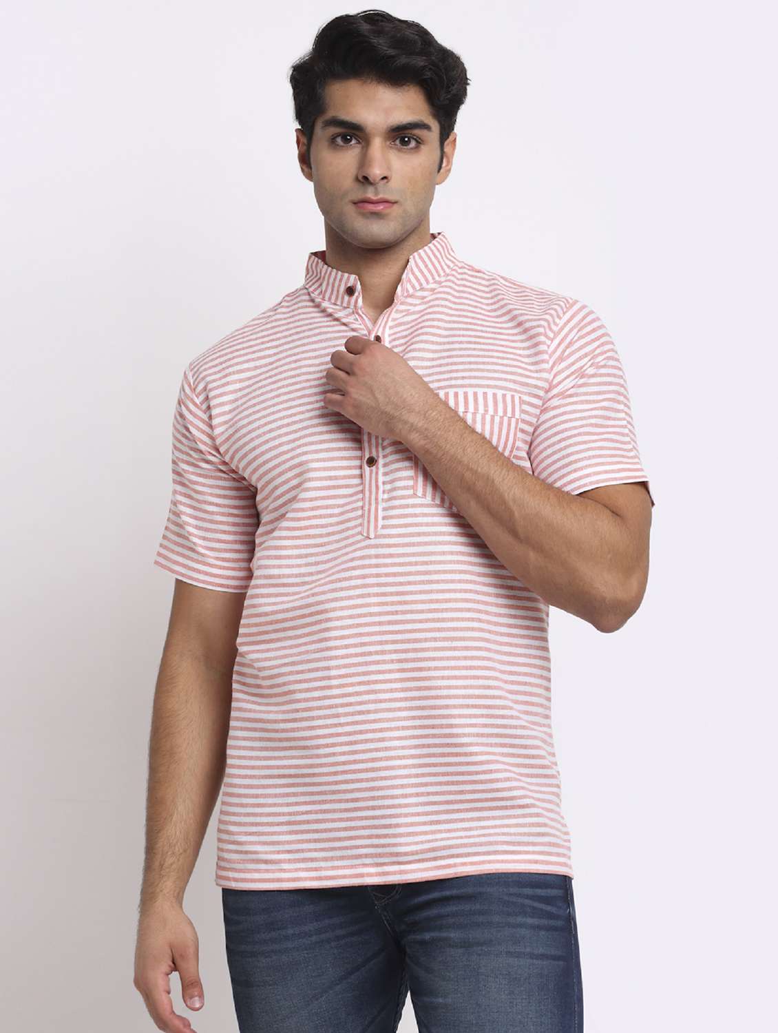 men peach & white striped short kurta