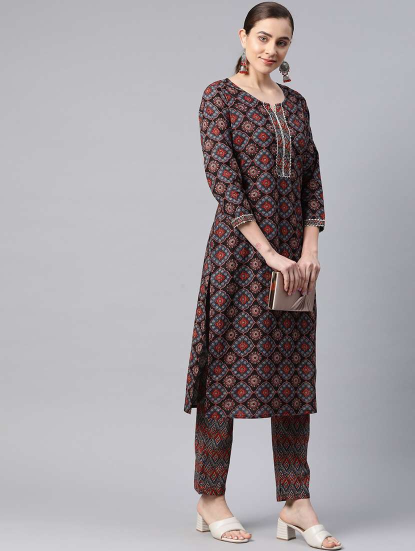 women ajrakh print notch neck kurta pant set - 20561781 -  Standard Image - 1