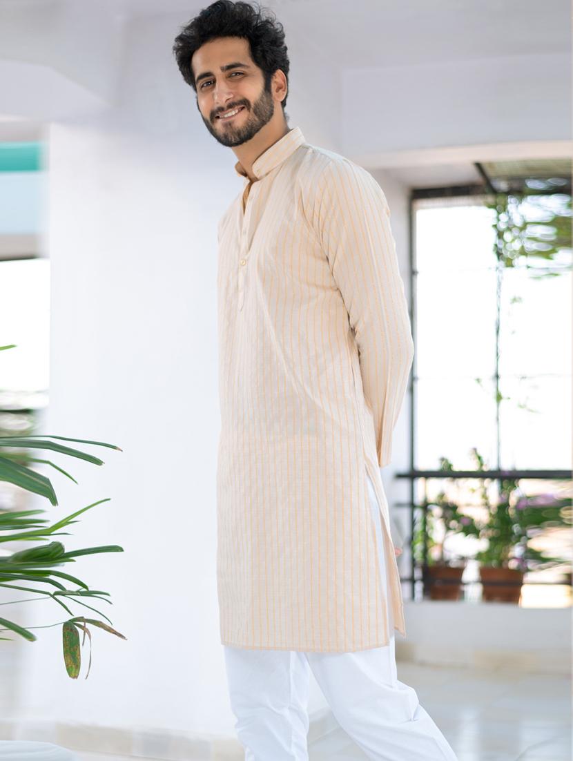 men beige striped long kurta - 20561998 - Standard Image - 1