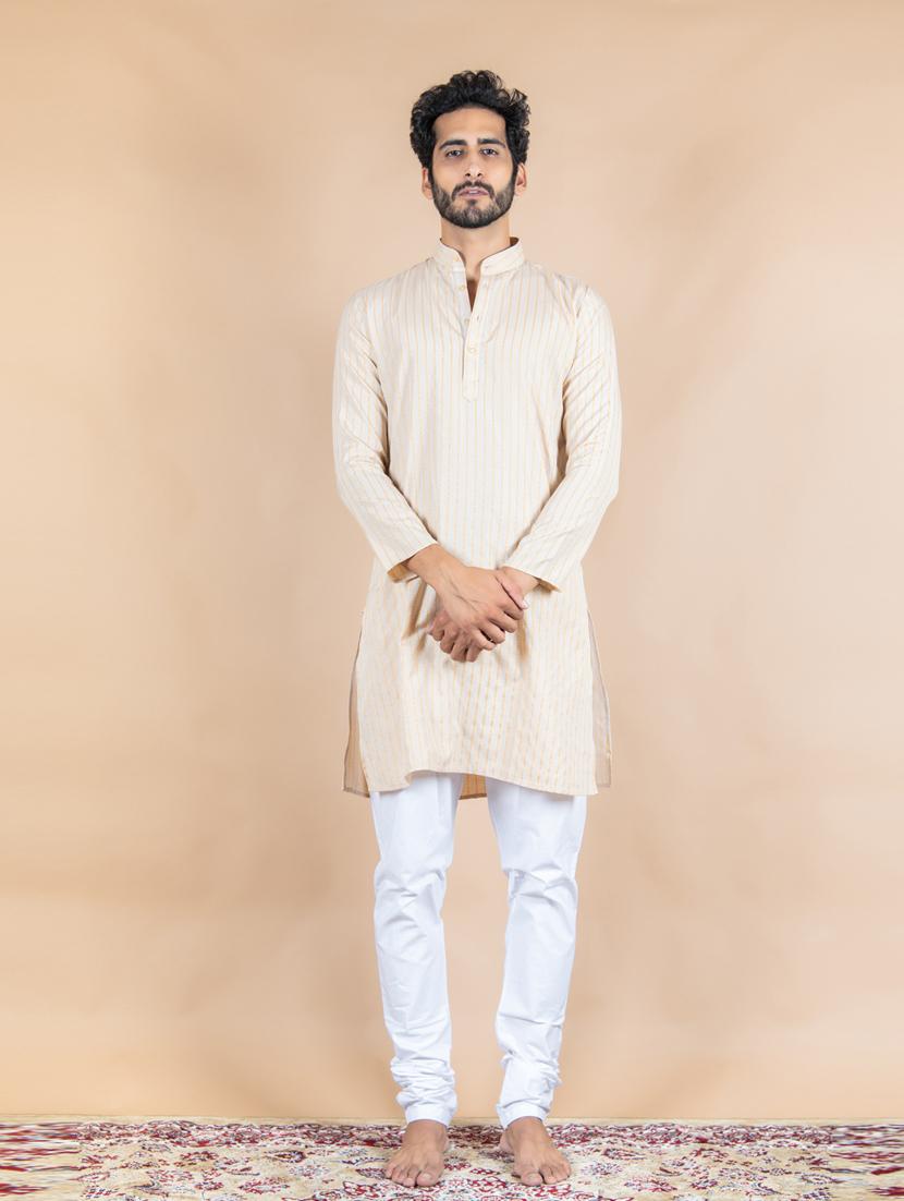 men beige striped long kurta - 20561998 - Standard Image - 4