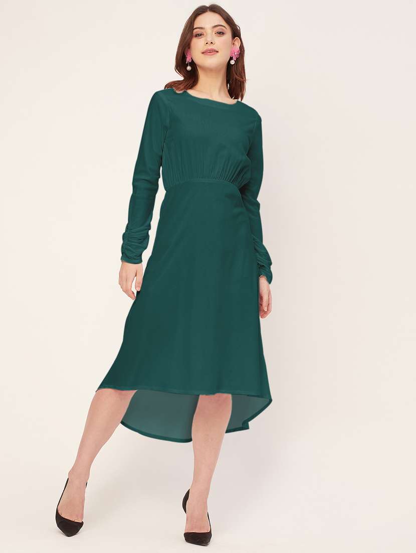 women solid detailed sleeves high low dress