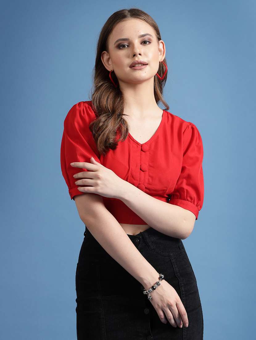 women red solid puff sleeve crop top