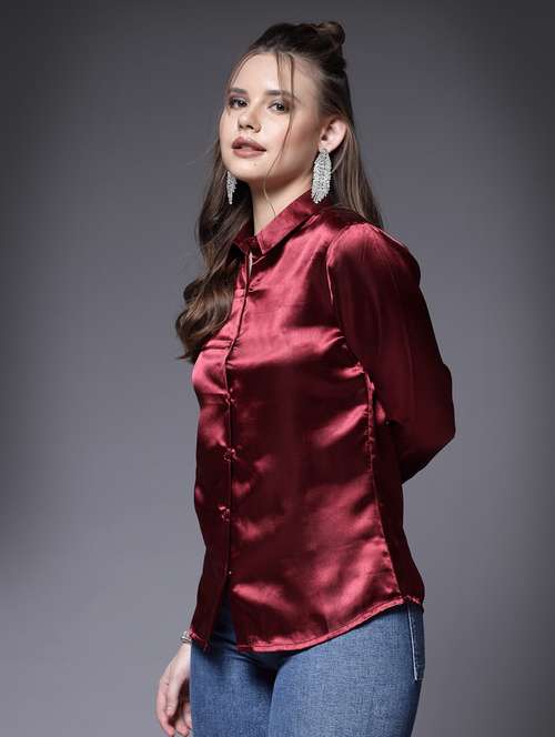 maroon satin regular shirt - 20565022 -  Standard Image - 0