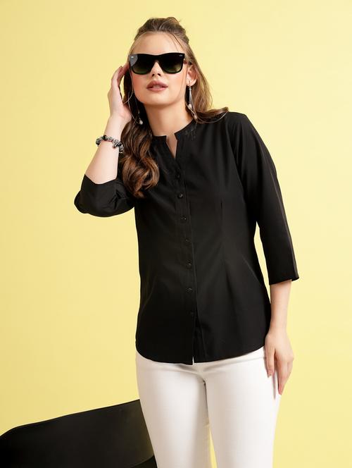 women black solid three quarter sleeve regular shirt - 20565024 -  Standard Image - 0