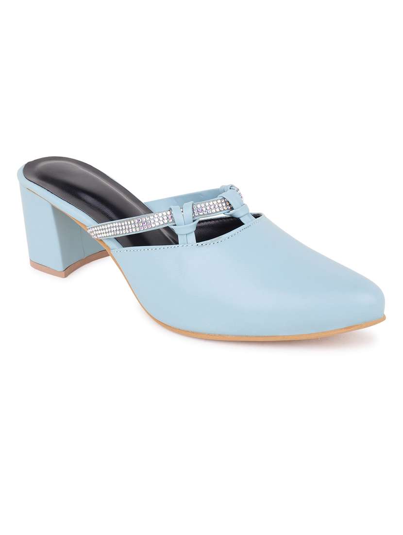 light blue synthetic mules