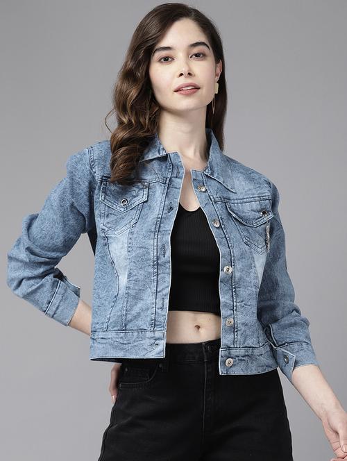 women blue solids denim summer jacket - 20567017 -  Standard Image - 0