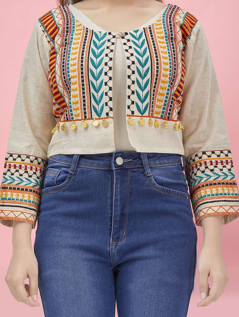 girls round neck self-design jacket - 20567466 -  Standard Image - 4