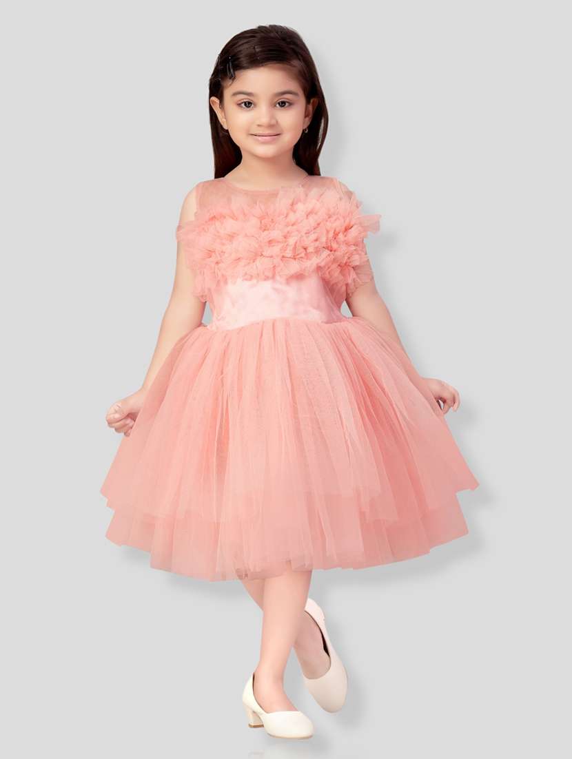 girls solid peach detailed frock