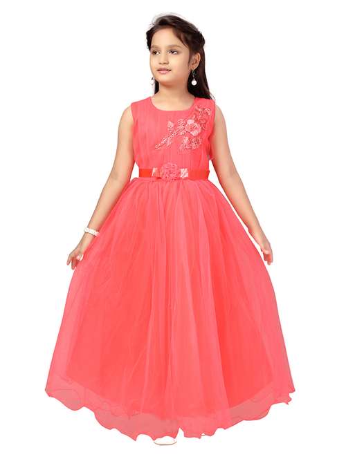 girls round neck self-design frock - 20568021 - Standard Image - 0