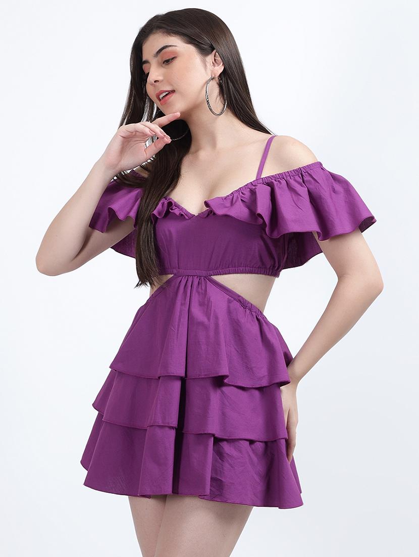 women purple cold shoulder ruffle mini dress - 20569168 - Zoom Image - 0
