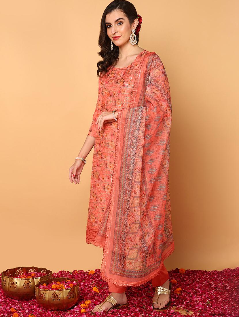 women orange round neck kurta pant set with dupatta - 20569278 - Standard Image - 1