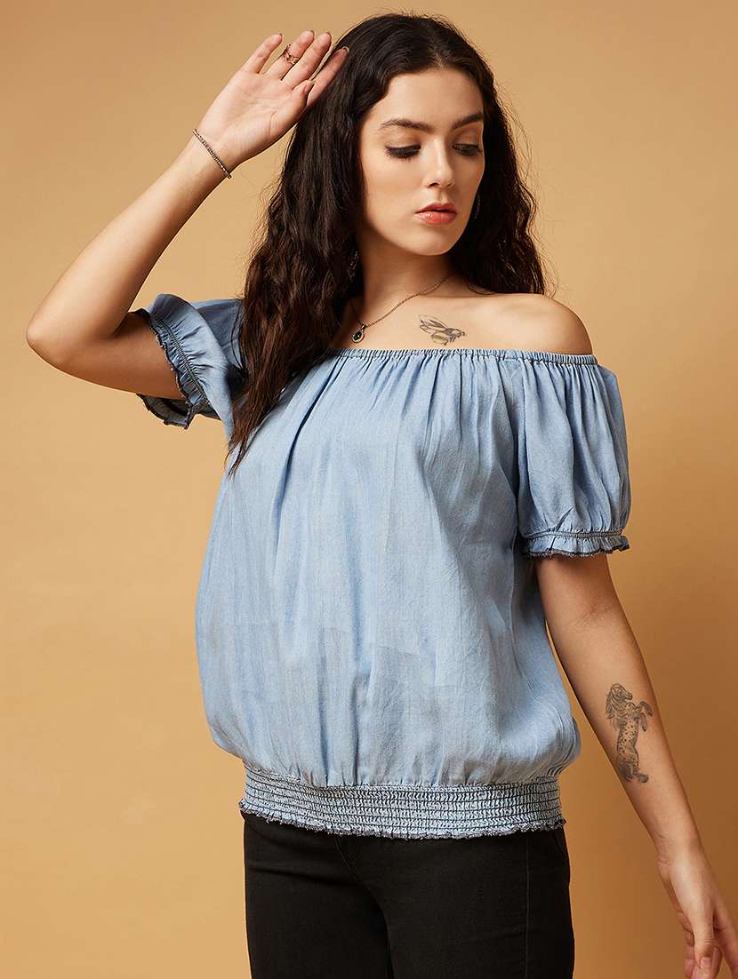 women light blue solid off shoulder denim top