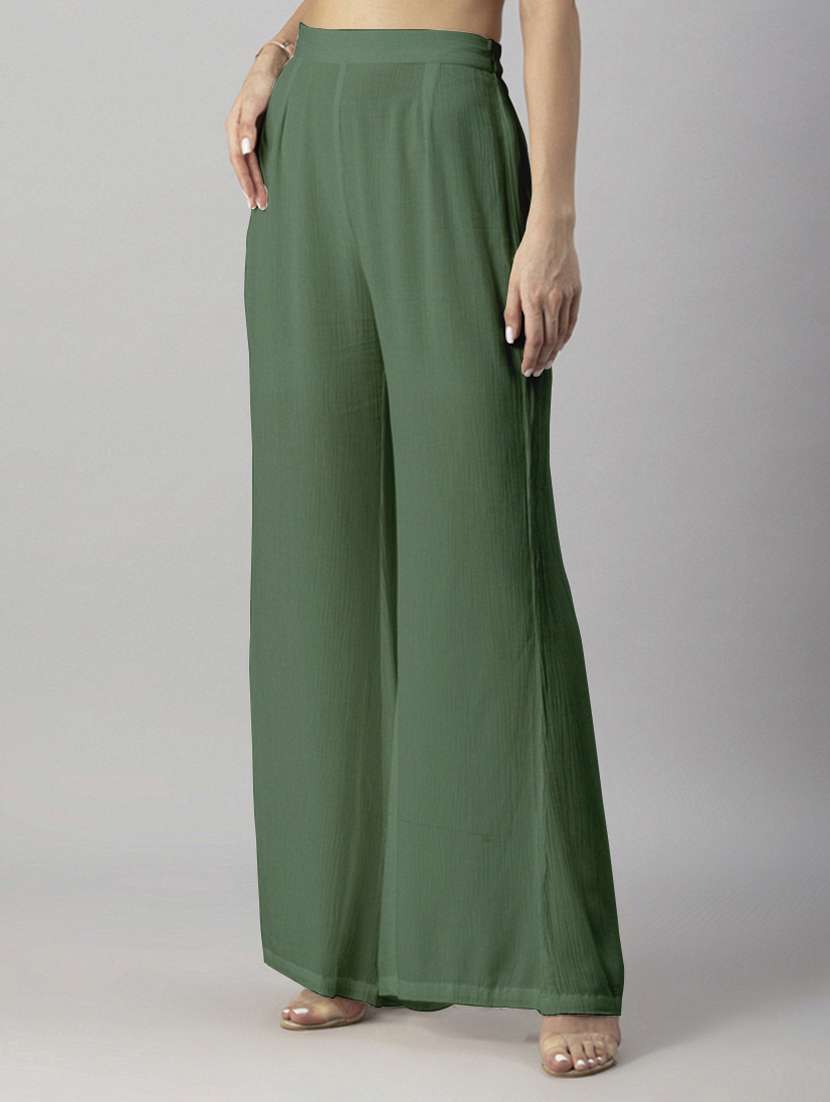 women solid green wide leg trouser - 20570689 - Standard Image - 1