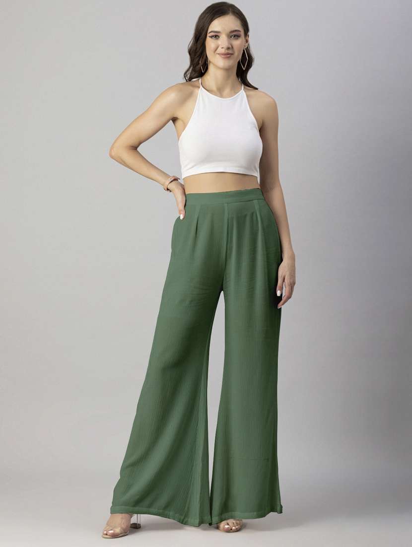women solid green wide leg trouser - 20570689 - Standard Image - 4
