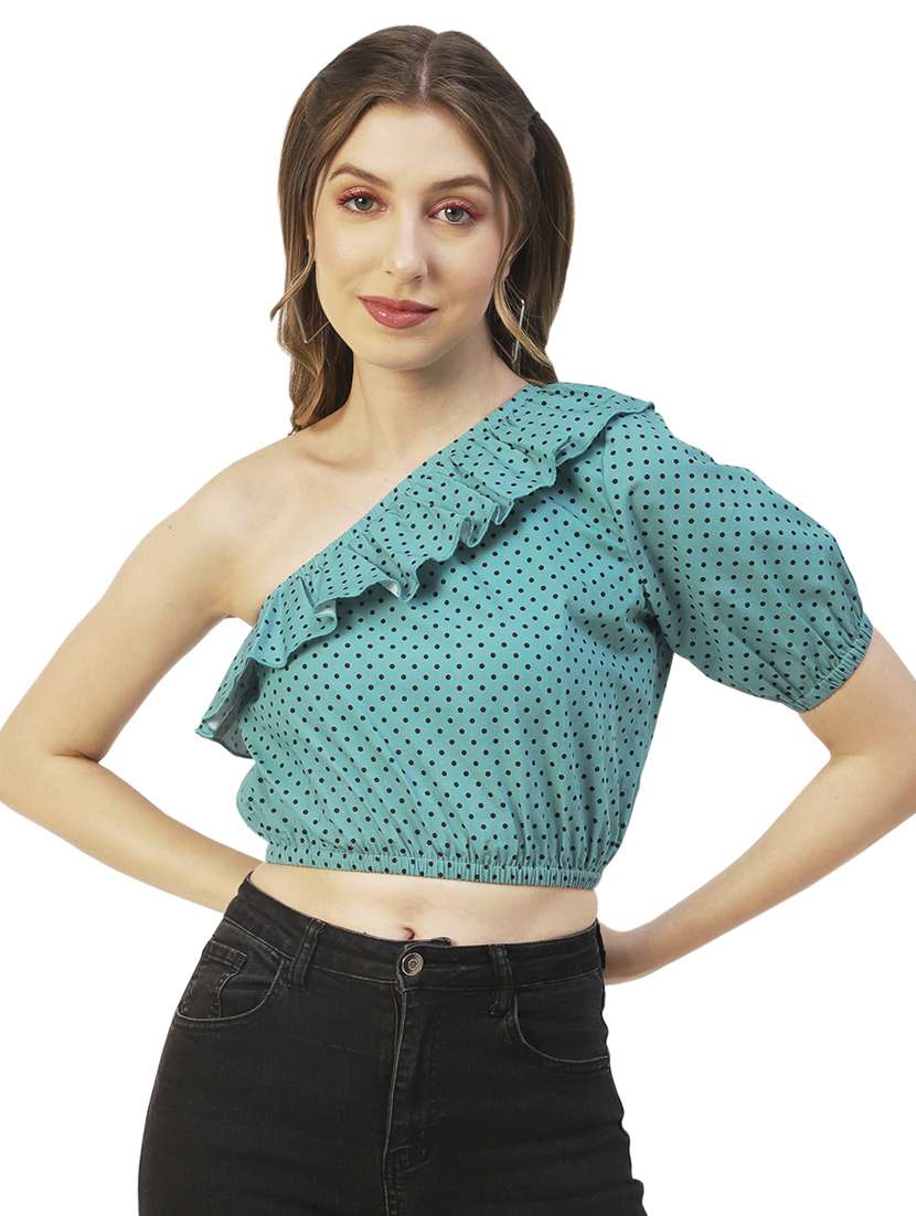 women printed one shoulder ruffle detailed crop top