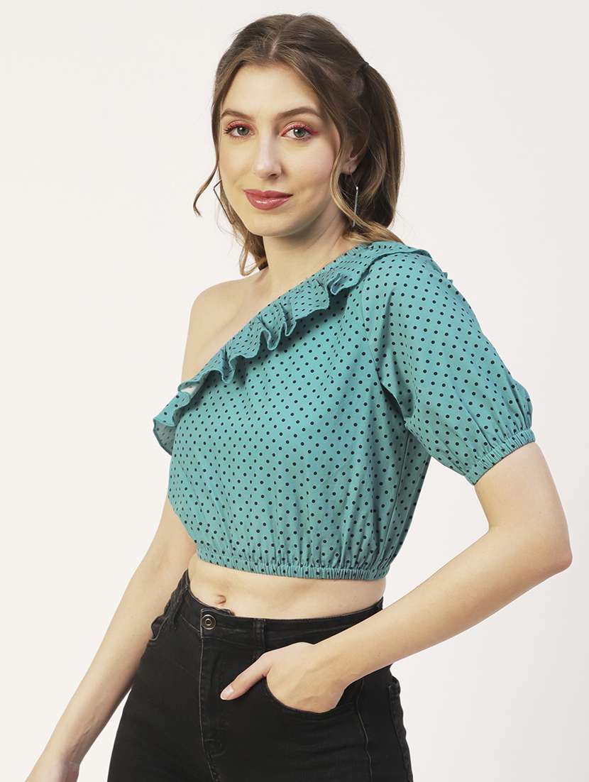 women printed one shoulder ruffle detailed crop top - 20570712 -  Standard Image - 1