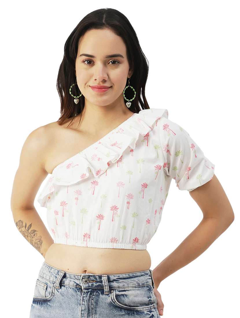 women printed one shoulder ruffle detailed crop top